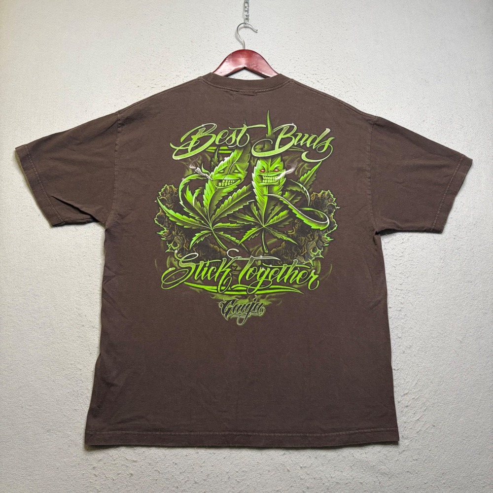 ODM Ganja Graphic T-Shirt Mens XL Brown Best Buds Stick Together Y2K Streetwear